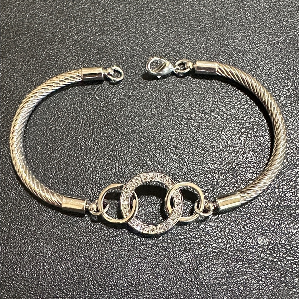 Crystal Halo Triple Ring Silver-Tone Oval Shaped Bracelet